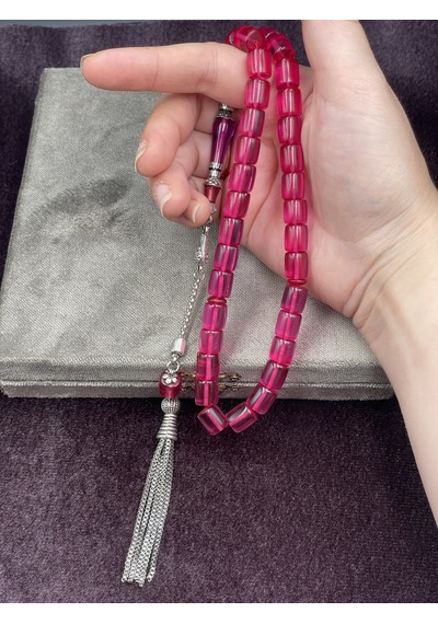 Alpaka Nakkaş İmameli Pembe Ateş Kehribar Tesbih 9x10 Mm
