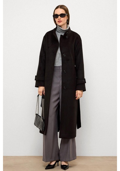Olcay Dik Yaka Oversize Uzun Kaban Siyah 3124