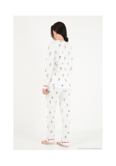 Lela Kış Temalı Bisiklet Yaka Uzun Kollu Pijama Takımı Kadın Pijama Takımı 6575019 Ekru