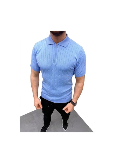 Erkek Yazlık Triko Saç Örgü Tişört Kısa Kol Polo Yaka Fermuarlı T-shirt - Bebe Mavisi Çok Renkli