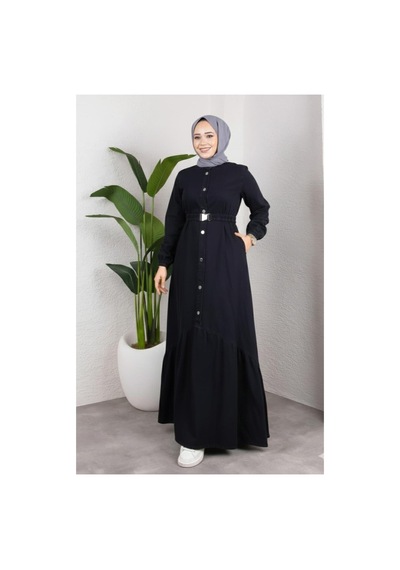 Hb Harma Time Butik Kadın Düğmeli Kuşaklı Denim Siyah Kot Elbise Siyah Siyah