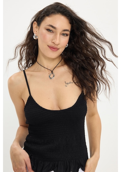 Tudors Kadın Slim Fit Dar Kesim %100 Pamuk Askılı Büzgülü V Yaka Siyah Bluz-50370