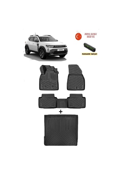 Renault Duster Eco G / E-tech / Tce 4x2 2024 Sonrası Uyumlu 3d Havuzlu Paspas Ve 3d Üst Kademe Bagaj Havuzu Seti Asma Koku Ve Numaratör Hediyeli