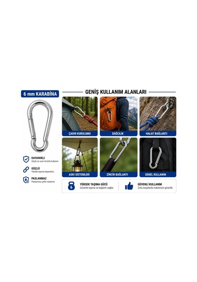 Metal Yaylı Karabina 6x60 Mm 5 Adet Paslanmaz Çelik