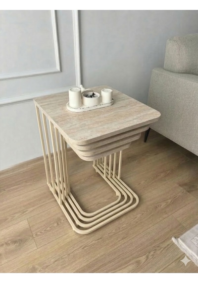 4'lü Tekerlekli Zigon Sehpa Krem Ayak Traverten 18mm Mdf Krem Traverten