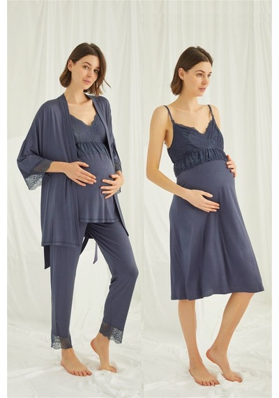 Monamise 18432453 Kadın Lacivert Hamile Lohusa Seti Sabahlık Gecelik Pijama Takım
