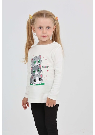 Toontoy Kız Çocuk Üçlü Kedi Baskılı Sweatshirt Ekru