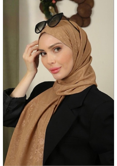 Flora Tekstil Çiçekli Desen İnce Medine İpeği Jakar Şal Kamel