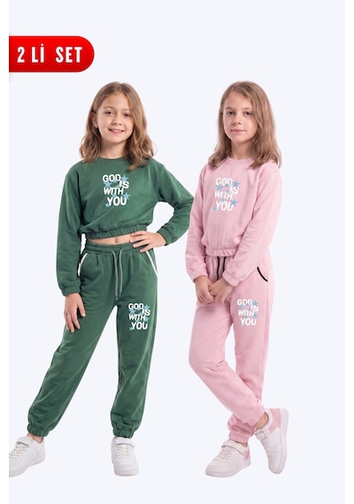 Fyk Kids 2'li Kız Çocuk Bisiklet Yaka Kısa Kesim Baskılı Çift Cepli 4 Parça Eşofman Takımı Haki-pembe