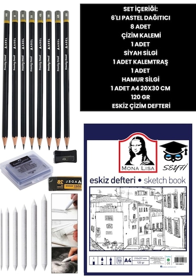 50 Yaprak 120 Gr A4 Eskiz Defteri Kara Kalem Pastel Dağıtıcı Çizim Seti Tam Takım