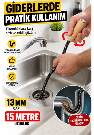 13 Mm X 15 Metre Spiral Kanal Açıcı Ahşap Saplı Manuel Gider Açma Teli, Uzun Erişimli Tesisat Spir
