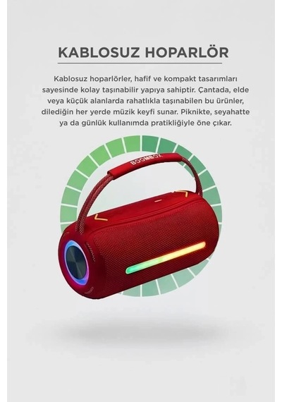 Delux Serisi Torima Bluetooth Hoparlör Rgb Booms Box 360 Kırmızı Seyyar Akıllı Müzik