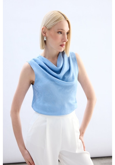 Sateen Degaje Yaka Bluz - Bebe Mavi-136754 Bebe Mavi