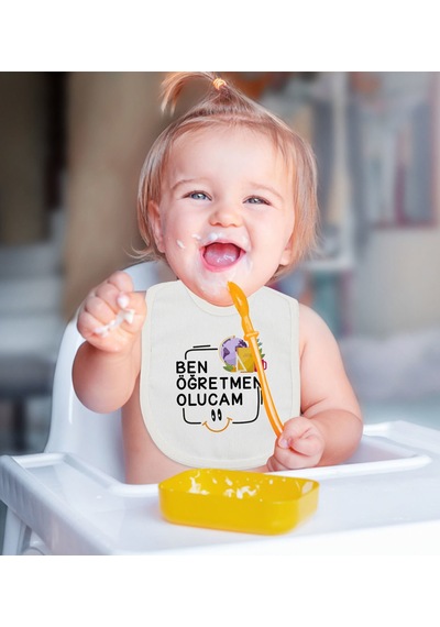 BK Kids Öğretmen Olucam Tasarımlı Beyaz Bebek Mama Önlüğü-1 Beyaz