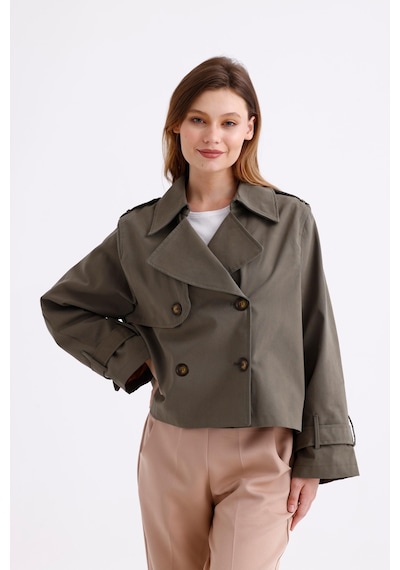 Pastelastore %100 Pamuk Gabardin Astarlı Oversize Geniş Kalıp Kadın Crop Kısa Trençkot 1122 Haki