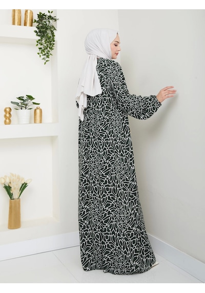 Nevayla Moda Desenli Önü Büzgülü Viskon Elbise - Haki / E0131 Haki