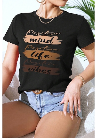 Unisex Mind Life Vibes Baskılı Oversize Tshirt Siyah