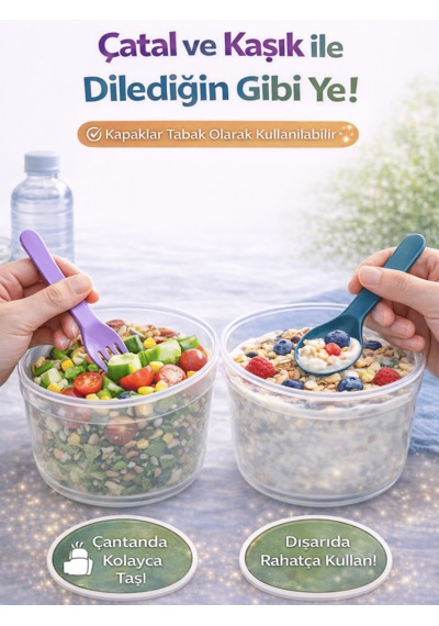Beylini 3 Lü Set Taşınabilir Kaşık+çatal Kapaklı Yoğurt Müsli Granola Yemek Diyet Saklama Kabı Take And Go Bardak Kahvaltı Salata Hazırla Çık Çok renkli