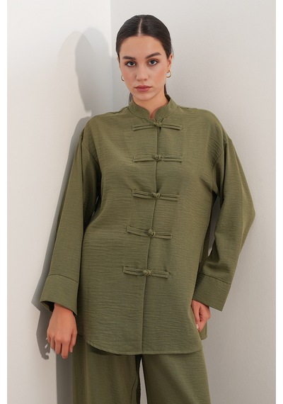 Bigdart Kadın Oversize Gömlek Pantolon Keten İkili Takım 30126 - Haki