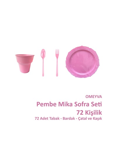 Omeyva 26 Cm. Plastik Mika Pembe Sorfa Piknik Seti - 72 Kişilik Tabak Bardak Çatal Kaşık Takımı