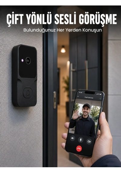 Kablosuz Akıllı Kapı Zili Gece Görüşlü Wi-fi Güvenlik Kameralı Kapı Zili Siyah