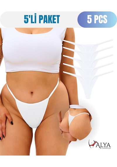 Alya Underwear Kadın Ipli Tanga Külotlar - 5 Li Paket Sarı, Mor, Mint, Somon,mavi 1301p Beyaz P05