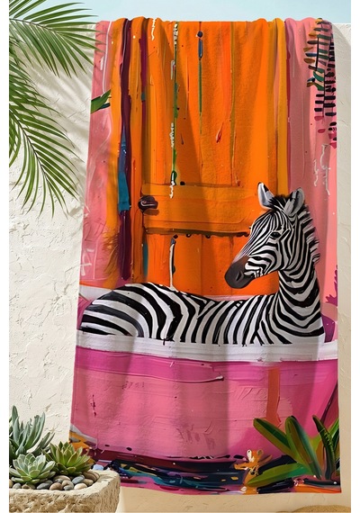 Zebra Temalı Tropikal Plaj Havlusu - Modern Safari Pembe Turuncu Hızlı Kuruyan Mikrofiber Havlu Çiy Armut