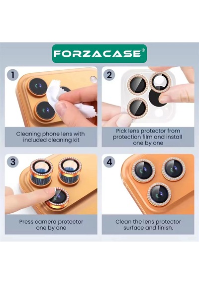 Forzacase Apple Uyumlu iPhone 17 Pro İle Elmas Taşlı Kamera Camı Lens Koruyucu Halka Seti - Fc1126 Gümüş