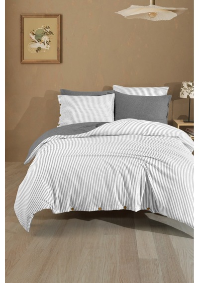 Çift Kişilik Pamuklu Çizgili Nevresim Seti Düğmeli Model 200 X 220 Cm Antrasit