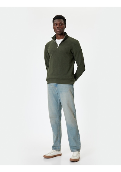 Koton Yarım Fermuarlı Sweatshirt Uzun Kollu Dokulu Pamuk Karışımlı Haki 5wam70041mk Haki