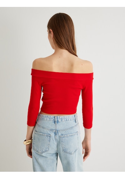 Koton Omzu Açık Crop Tişört Dirsek Boy Kol Pamuklu Slim Fit Kırmızı 4sak50021pk Kırmızı
