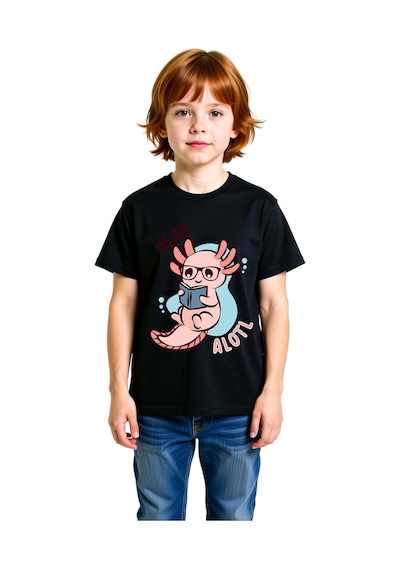 Paybuy Çocuk Baskılı Tişört Gözlüklü Axolotl Kitap Sevgili Tasarım Kısa Siyah
