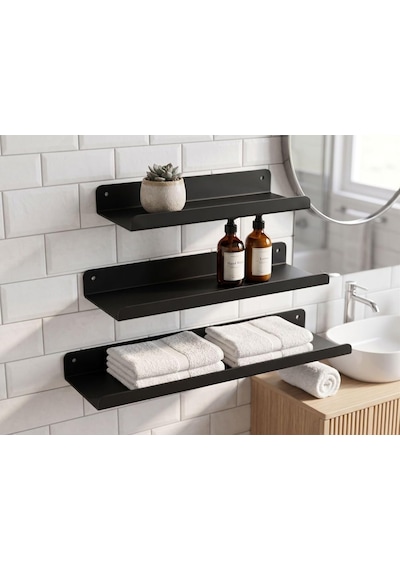 Orret Home 3'lü Metal Duvar Rafı Yapışkanlı Raf Seti Banyo Rafı Mutfak Rafı Dekoratif Duvar Rafı Siyah Minimal R Diğer