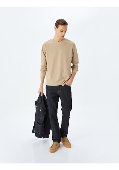 Koton Pamuk Karışımlı Dokulu Basic Bisiklet Yaka Sweatshirt Bej 5wam70247mk Ekru