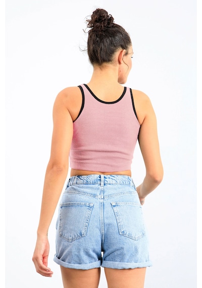 Tommy Life Pudra Basic Sıfır Kol Dar Kalıp U Yaka Kadın Crop Top Atlet - 97162 Pudra