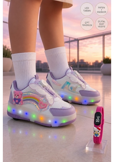 Muggo Colourful Çocuk Işıklı Patenli Tekerlekli Sneaker Spor Ayakkabı Lila