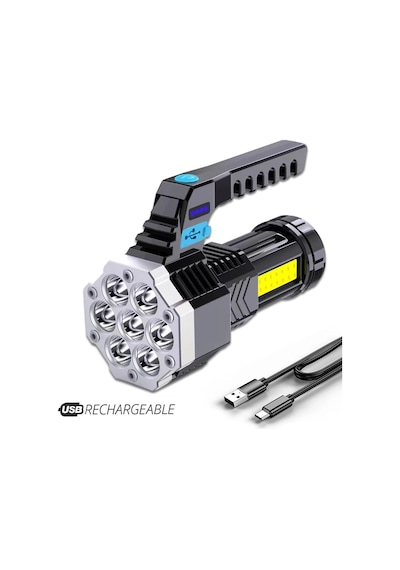PS-3879 USB Şarj Göstergeli Şarj Edilebilir 7*XPE +COB Led El Feneri Siyah