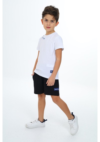 Toontoy Kids Toontoy Erkek Çocuk Yakası Baskılı Şortlu Takım Beyaz