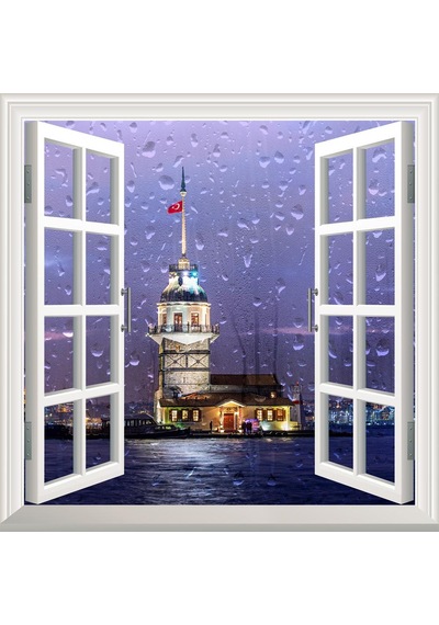 Pencere Poster Duvar Kağıdı Kız Kulesi Yağmur Yapışkanlı Sticker
