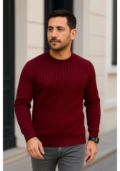 Barlashive Erkek Fitilli Triko Kazak 2 Li Set Siyah Bordo Kalın Dokuma Pamuklu Regular Fit Bisiklet Çok Renkli