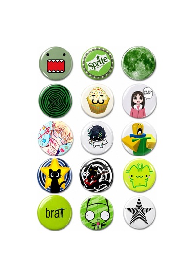 Trend-18-15'li Yeşil Anime Kawaii Rozet Seti Karakter Desenli Pop Art Pin Çok Renkli