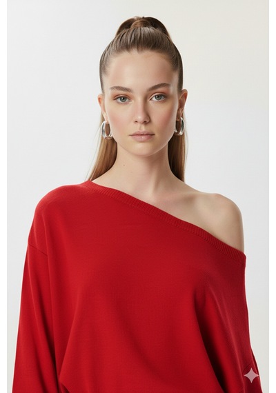 Fiolin Omuzu Açık Off Shoulder Triko Kazak Kırmızı