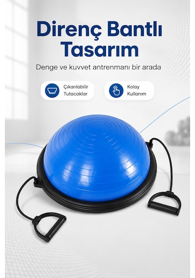 Bosu Ball Denge Topu 45 Cm Pilates Aleti Direnç Lastiği + Pompa Dahil Kaymaz Taban