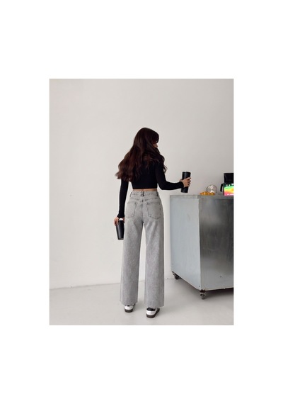 Kene Jeans Gri Kar Paça Kesik Ön Arka Taşlı Bol Paça Kot/denim Pantolon Gri Kar