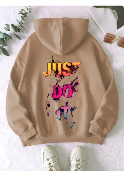 Startmore Kahverengi Unisex Erkek/kadın Justdoıt Renkli Özel Baskılı Oversize Kapüşonlu