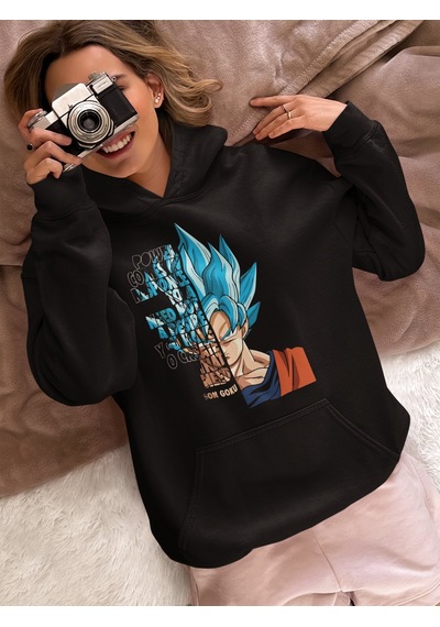 Sevbano Son Goku Dragon Ball Baskılı Unisex Oversize Anime Karakter Hoodi Siyah
