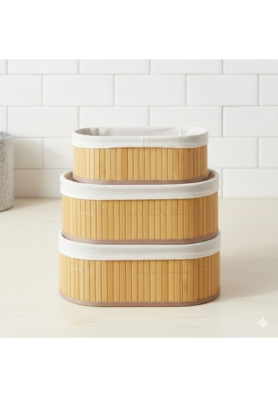 3'lü Oval Bambu Sepet Krem