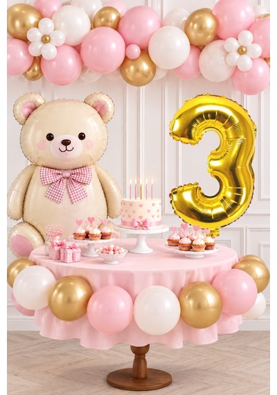 3 Yaş Retro Papyonlu Folyo Krem Ayıcık Pembe Gold Beyaz Balon Gold Rakam Doğum Günü Kutlaması Altın - Krem