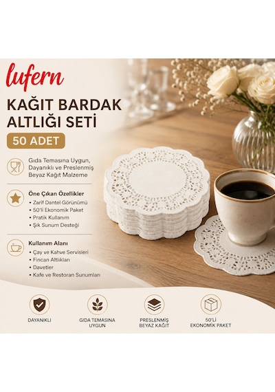 Dayanıklı Kağıt Bardak Altlığı Seti 50'li Paket Dantel Tasarımlı Kafe Restoran Çay Kahve Servis Beyaz