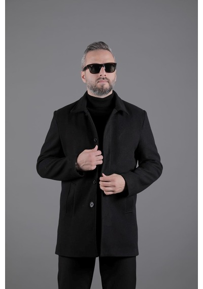 Ohepmoda Gizli Düğmeli Erkek Kaşe Kaban Mont Siyah